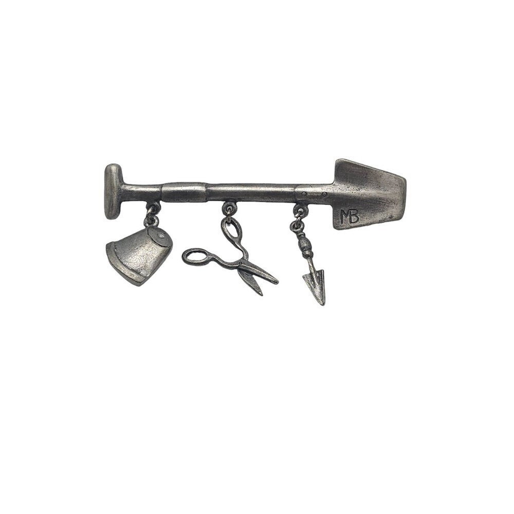 Marjolein Bastin Garden Shovel Tools Pewter Brooch Pin Silver Tone Vintage
